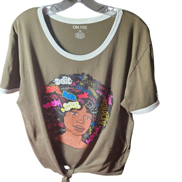 On Fire Tops - Brown Graphic Cotton T-Shirt With Afro Art & Empowering Words By On Fire 1X Size